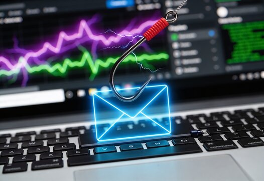 Cybersecurity Fishing Hook Piercing a Digital Email Envelope on a Laptop Keyboard for Phishing Scam Education, Network Security Breach and Data Theft Concept
