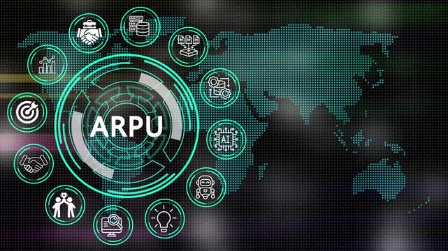 Digital ARPU concept depicting processes and key elements for corporate management  on digital world map motion graphics with futuristic technology .4K