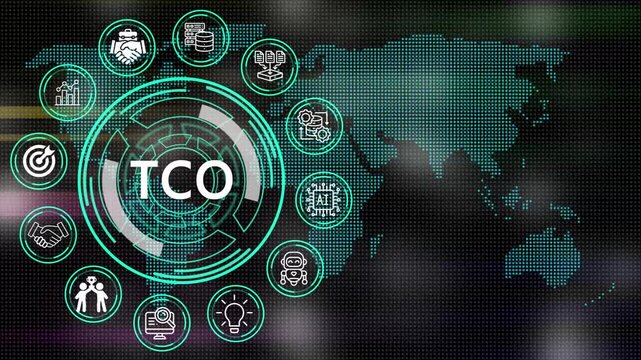 Digital TCO concept depicting processes and key elements for corporate management  on digital world map motion graphics with futuristic technology .4K