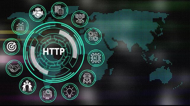 Digital HTTP concept depicting processes and key elements for corporate management  on digital world map motion graphics with futuristic technology .4K
