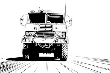 Naklejka premium Monochrome Illustration of Military Truck on White Background Conveying Power and Strength