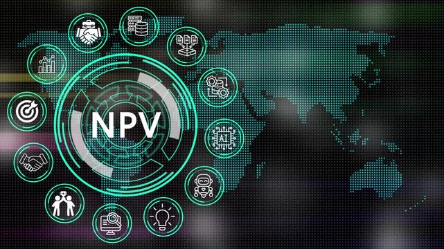 Digital NPV concept depicting processes and key elements for corporate management  on digital world map motion graphics with futuristic technology .4K