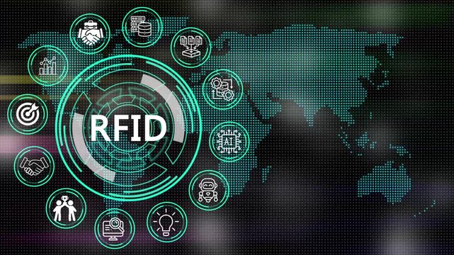 Digital RFID concept depicting processes and key elements for corporate management  on digital world map motion graphics with futuristic technology .4K