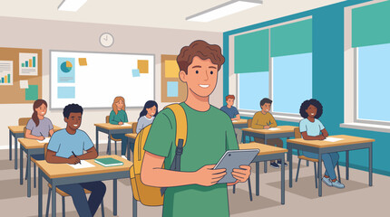 A cheerful student stands in a classroom holding a tablet, surrounded by classmates at their desks, engaged in learning and working together in a bright environment. © Huilong