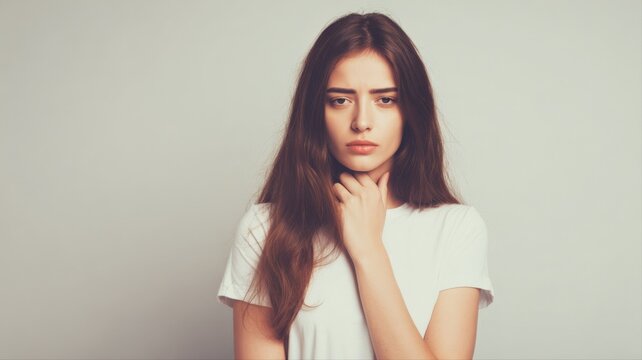 Young Woman Experiencing Sore Throat Pain, Touching Neck with Hand, Showing Discomfort and Illness, Light Background