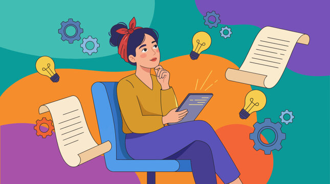 A thoughtful woman sitting with a tablet, surrounded by gears and illuminated ideas, reflecting the process of creativity, critical thinking, and innovation in a colorful setting.