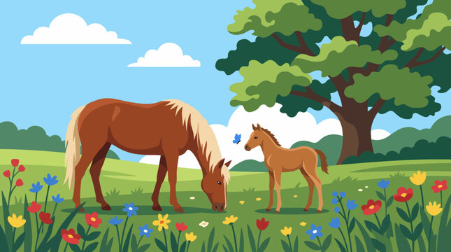 This beautiful illustration depicts a mother horse and her foal grazing in a lush, flower-filled field, highlighting the bond between animals and nature's beauty.