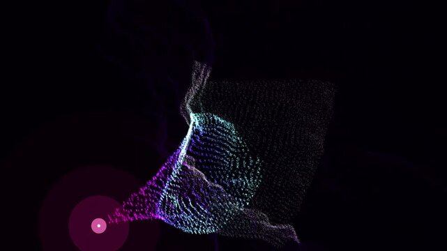 3D wireframe topography with silver data qubits collapsing into a glowing plasma-pink global minimum. Represents quantum algorithm optimization. Designed for AI and cloud infrastructure content.