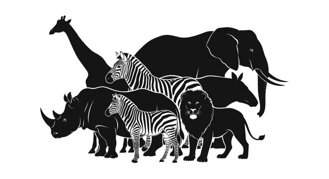 Black silhouettes of various wild animals standing together on white background including giraffe elephant zebras lion rhinoceros and hippopotamus