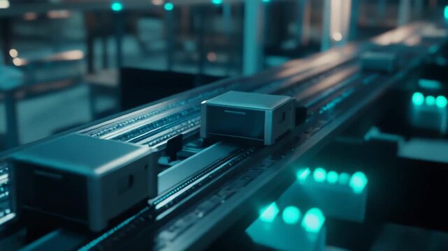Autonomous robotic units are efficiently transporting goods on a high tech conveyor system within a contemporary warehouse, showcasing advanced logistics and industrial automation