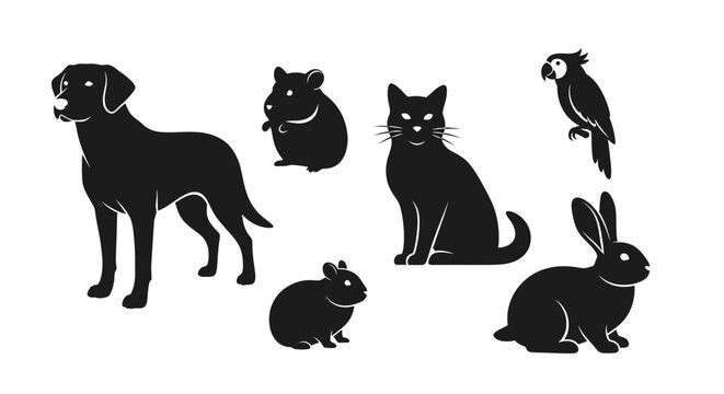 Black silhouettes of dog cat parrot rabbit hamster and mouse on white background animal icons
