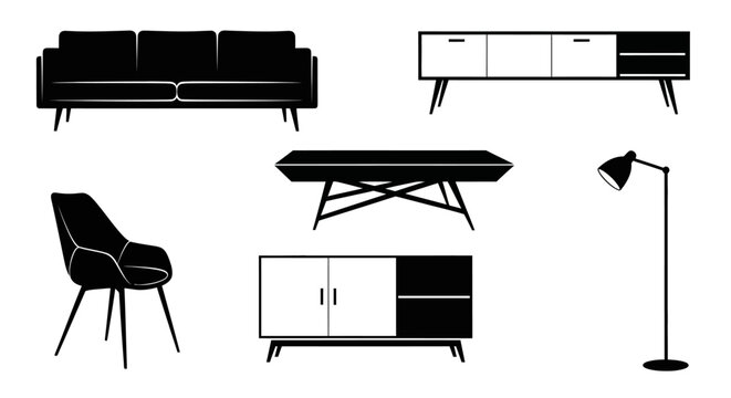 Mid century modern furniture set with sofa chair coffee table sideboards and floor lamp on white background