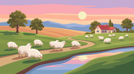 A pastoral landscape depicting sheep grazing peacefully along a winding path at sunset, portraying tranquility and the simple beauty of rural life in harmony with nature. © Lvping