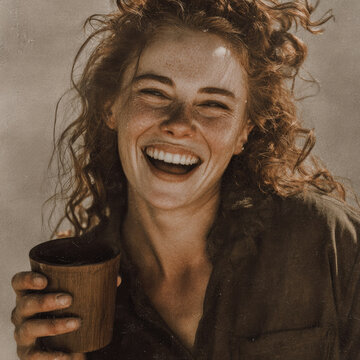 Sustainable picnic set park woman smiling holding eco friendly cup outdoor natural light joyful expression casual clothing curly hair freckles happiness