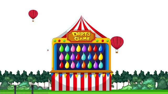Animated Carnival Darts Game Booth with Colorful Balloons and Hot Air Balloons