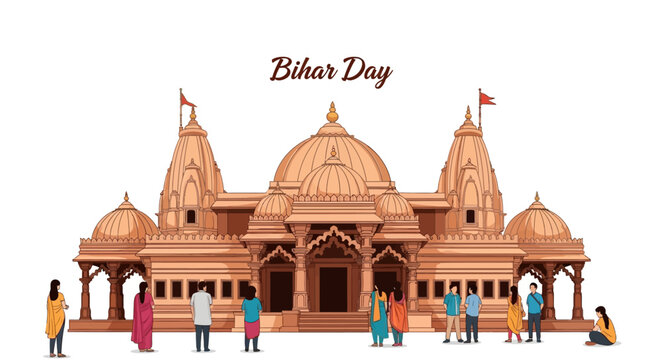 Illustration of people celebrating Bihar Day in front of a traditional Indian temple with vibrant colors and cultural decorations.
