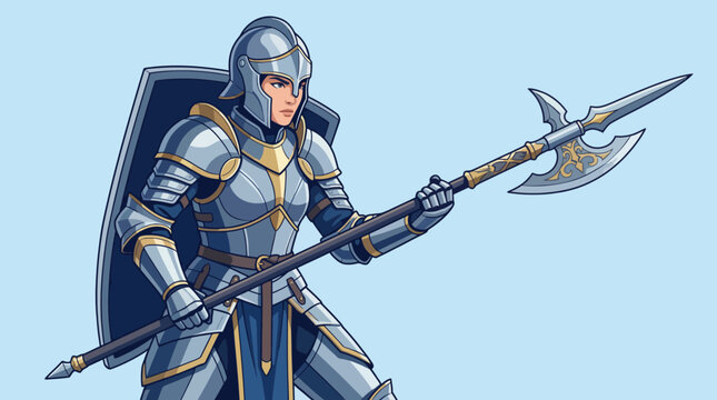 A striking portrayal of a fierce female knight clad in armor, gripping a spear, symbolizing strength, courage, and empowerment within a fantastical context.