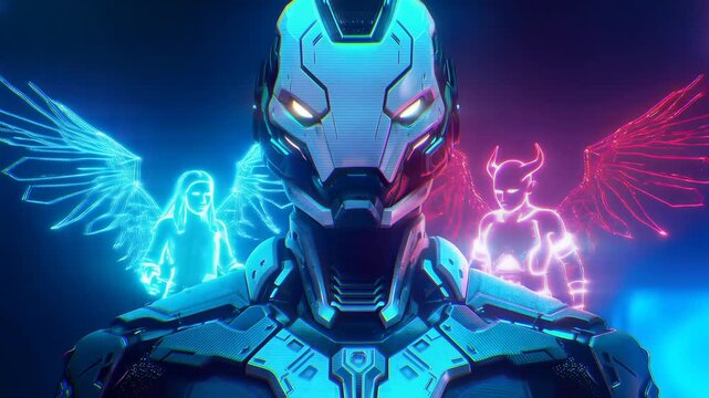 Cybernetic Futuristic Character with Neon Angel and Devil Holograms on Shoulders