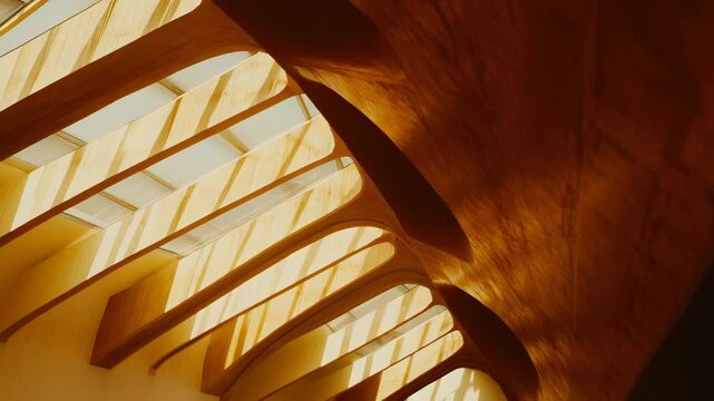 Modern architectural ceiling featuring curved wooden beams and light panels, creating an abstract and dynamic pattern of light and shadow on the structure