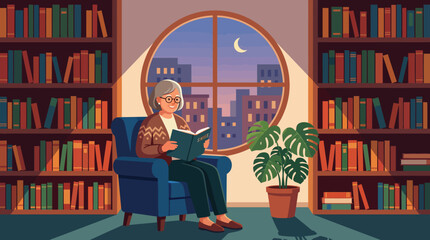 A serene scene featuring an elderly woman comfortably seated in a chair, reading a book by the window, surrounded by bookshelves under a calming evening sky with a crescent moon. © Dachuan