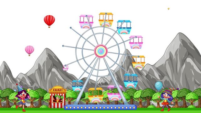 Animated Carnival Scene with Rotating Ferris Wheel and Hot Air Balloons