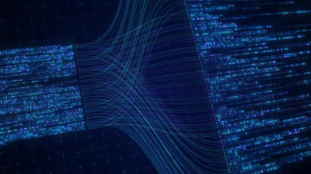 Binary Code Zeros Ones Data Flow Neural Network Visualization with Digital Nodes, Big Data AI Machine Learning Algorithm System, Digital Technology Background for Artificial Intelligence Concept