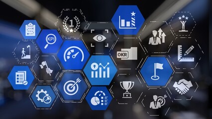 Naklejka premium KPI icons show performance metrics, goals, and achievement measurement. KPI helps business track progress, KPI supports management, and KPI improves strategy results. Gist