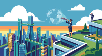 A modern illustration portraying a businesswoman looking through a telescope at a futuristic cityscape, representing forward-thinking, innovation, and global progress in urban development. © Zihang