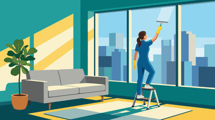 A dedicated woman stands on a ladder cleaning large windows, ensuring a clear view of the urban skyline while promoting cleanliness and a fresh living space indoors. © Zihang
