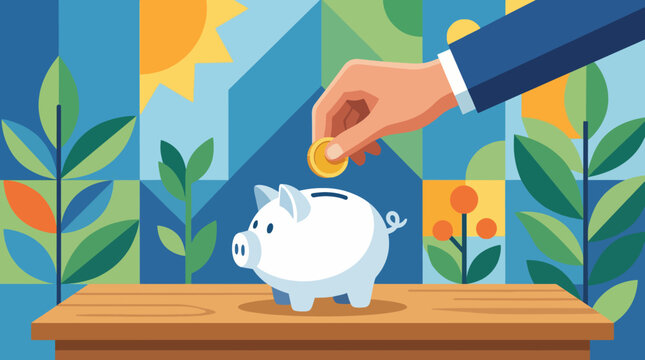 An engaging flat design illustration with a hand dropping a coin into a piggy bank, symbolizing savings, financial growth, and the importance of managing personal finances wisely.