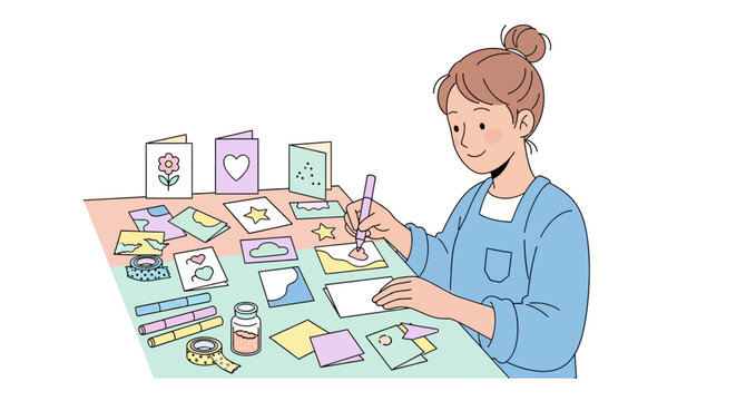 Woman creating handmade greeting cards.