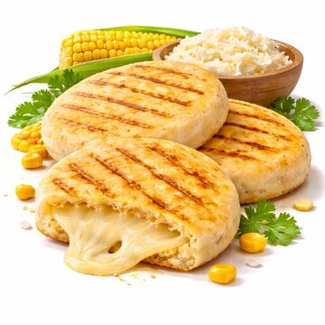 A semi-realistic 3D composition of Colombian arepas with slightly crispy cornmeal surface and melted cheese filling visible. With golden corn texture and warm bakery tones