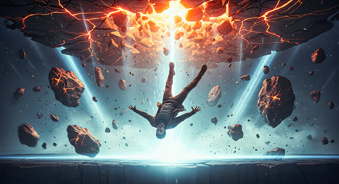 Man falling through a broken ceiling with rocks and debris