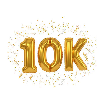 A festive gold balloon display featuring the number 10k surrounded by sparkling party confetti