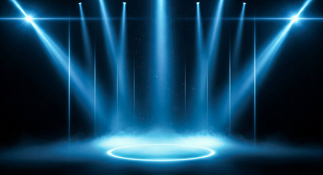 A blue-lit stage with spotlights shining down on it
