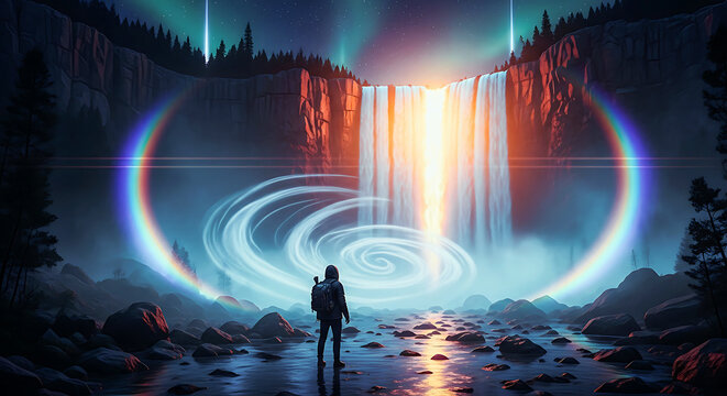 A person standing in front of a waterfall with a rainbow light