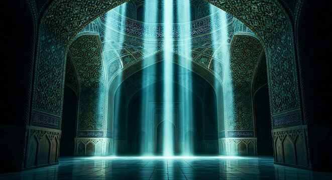 A mosque interior with blue light beams shining through