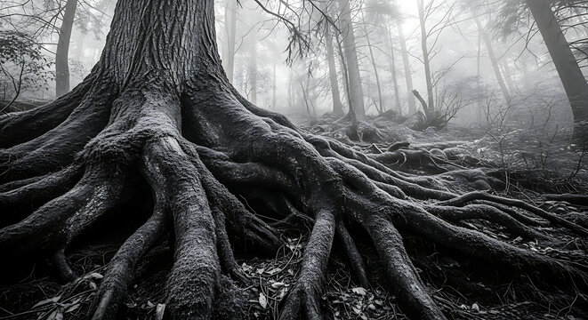 A large tree with exposed roots in a forest
