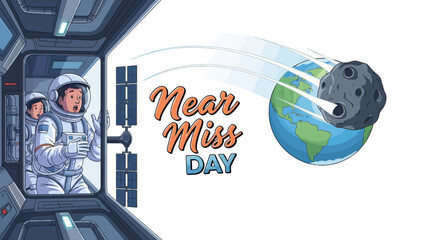 Illustration of astronauts in a spaceship watching a near miss asteroid flyby Earth on Near Miss Day with a planetary defense concept. © Nafisa