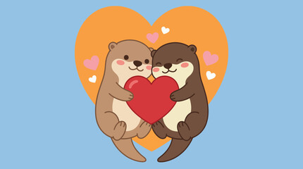 Naklejka premium Two cute otters holding a red heart amidst pink hearts on a blue background, symbolizing love, togetherness, and affection in a charming, playful manner.