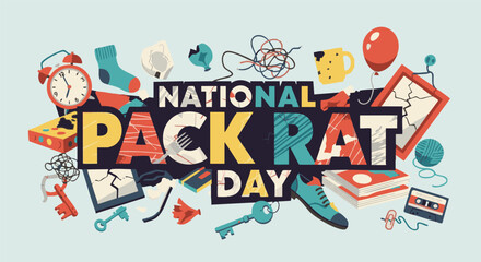 Naklejka premium National Pack Rat Day colorful cluttered illustration with various objects in bold playful style for holiday marketing