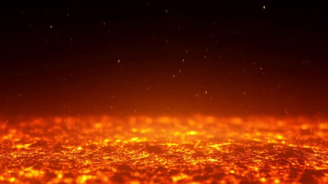 Surveying Molten Lava Terrain Tonight. Scorching Orange Lava With Sparks And Drifting Ash Particles