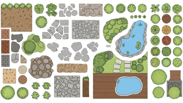 Landscape design elements arranged on a table for planning a backyard garden with pool