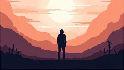 A person stands alone watching sunset over mountains landscape © Stock Image Paradise