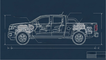 The detailed blueprint drawing of a pickup truck shows its mechanical components and design features in a technical illustration. © Stock Image Paradise