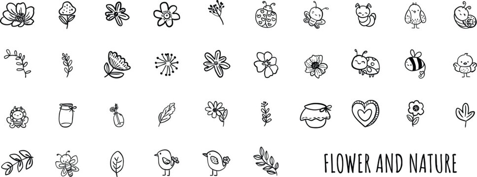 Cute hand drawn flower and nature doodle vector set. Black and white line art illustration of floral elements, leaves, birds, bees, and insects.