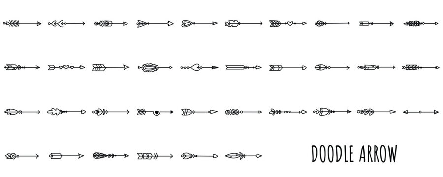Hand drawn doodle arrow vector set. Black and white rustic, tribal, and boho style arrows with feathers and hearts for decorative design elements.