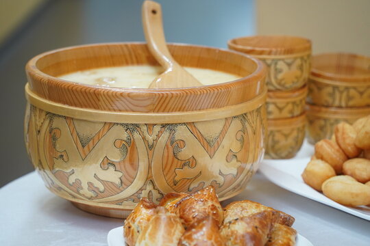 Traditional national holiday treats: nauryz kozhe and baursaks.