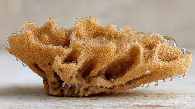 tonalite. A heavy natural sea sponge saturated with water, drooping under its weight on a neutral background. wildlife magazines.