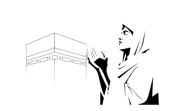 Hajj pilgrimage vector illustration with prayer devotion and surrender concept